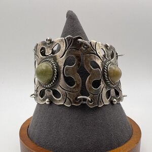 Vintage Mexico Silver Green Gemstone Ornate Panel Chain Bracelet 7in 58.52g